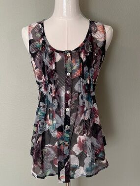 American Rag Black Floral Pintuck Button Tank